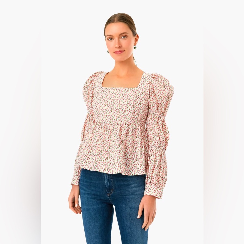 XS Tuckernuck Hyacinth House White and Pink Clemons Long Sleeve Puff Blouse